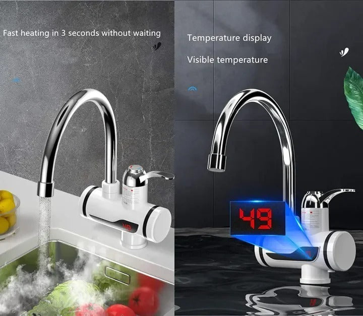 Sherice Instant Electric Heating Faucet: Tankless Hot Water Tap with Digital LED Temperature Display and Rotating Swivel Spout for Kitchen and Bathroom